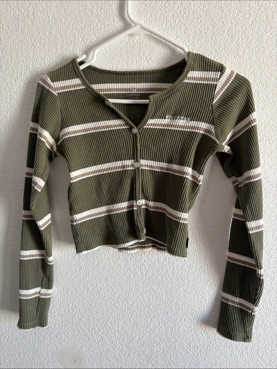 Five Star Sweaters - Five Star Olive and Cream Striped Ribbed Button-Front Cardigan